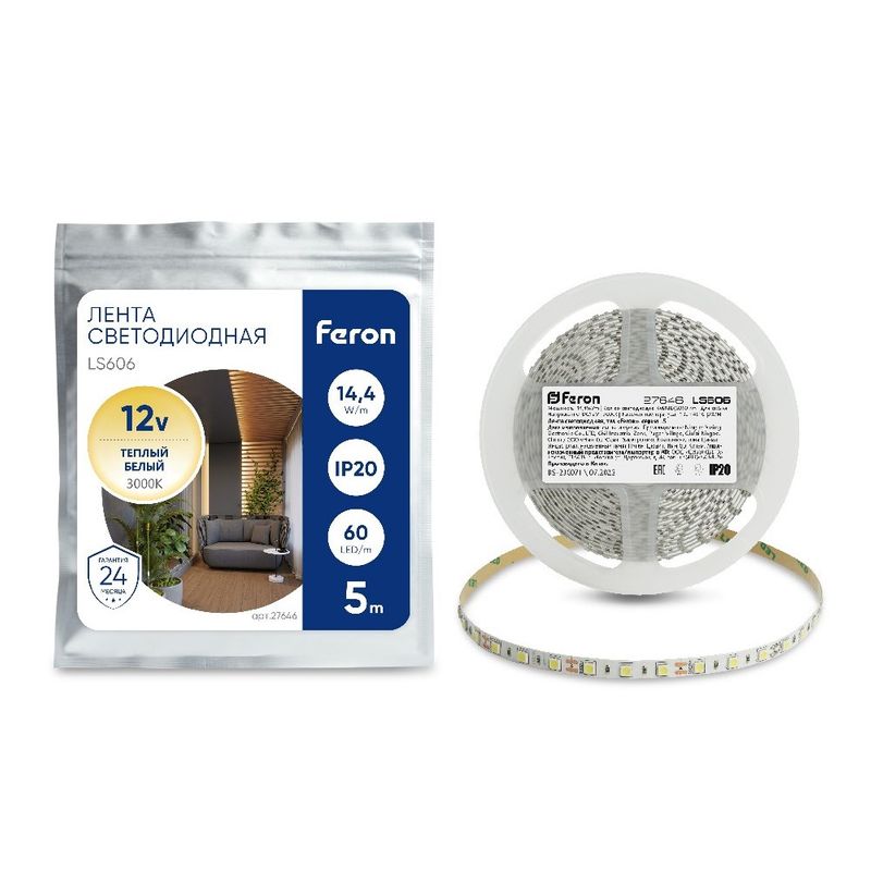 Лента светодиодная SMD 5050 60 шт/м 14,4Вт/м 12В 5000х10х2,32 мм 3000К IP20