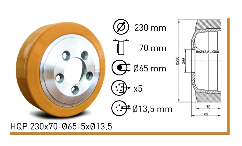 Колесо полиуритановое HQP 230x70-ø65-5xø13,5 HQP 230x70-ø65-5xø13,5