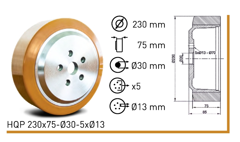 Колесо полиуритановое HQP 230x75-Ø30-5xØ13 HQP 230x75-Ø30-5xØ13