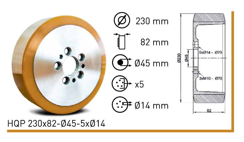 Колесо полиуритановое HQP 230x82-ø45-5xø14 HQP 230x82-ø45-5xø14