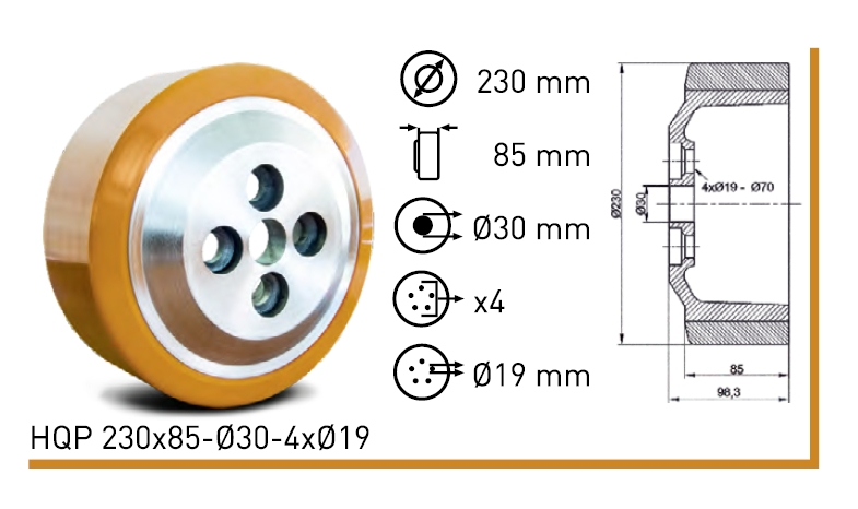 Колесо полиуритановое HQP 230x85-ø30-4xø19 HQP 230x85-ø30-4xø19
