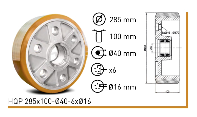 Колесо полиуритановое HQP 285x100-Ø40-6xØ16 1 HQP 285x100-Ø40-6xØ16