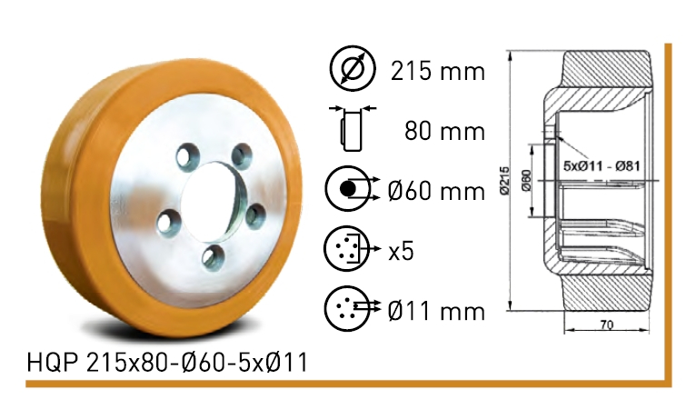 Колесо полиуритановое HQP 215x80-Ø60-5xØ11 HQP 215x80-Ø60-5xØ11