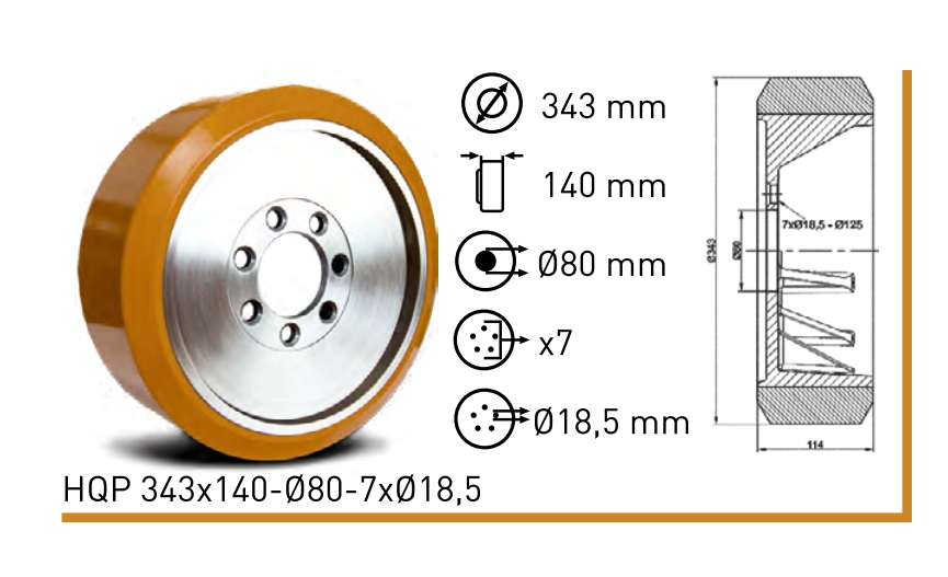 Колесо полиуритановое HQP 343x140-Ø80-7xØ18,5 HQP 343x140-Ø80-7xØ18,5