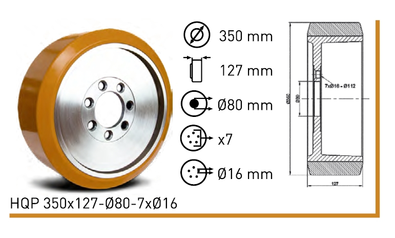 Колесо полиуритановое HQP 350x127-Ø80-7xØ16 HQP 350x127-Ø80-7xØ16